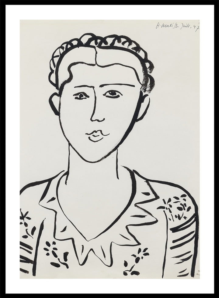 Black line drawing of a woman's portrait on a white background. Portrait de femme by Henri Matisse is a minimalist portrait art print featuring expressive black linework, modern French design, and iconic mid century style.
