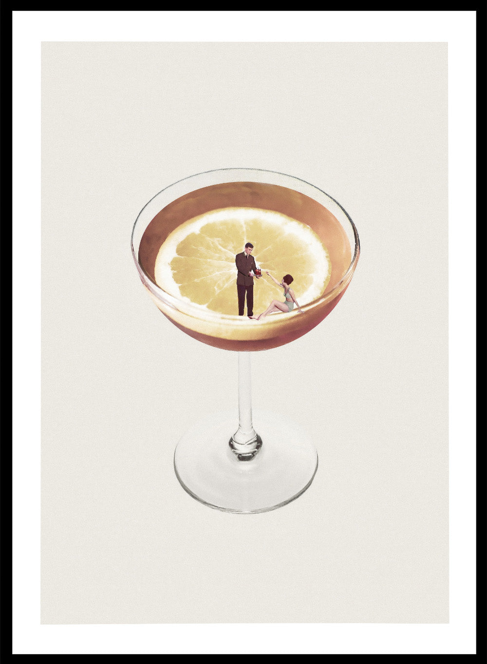 My Drink Needs a Drink by Maarten Léon is a minimalist collage art print featuring a lemon cocktail scene with vintage figures and playful surreal detail.