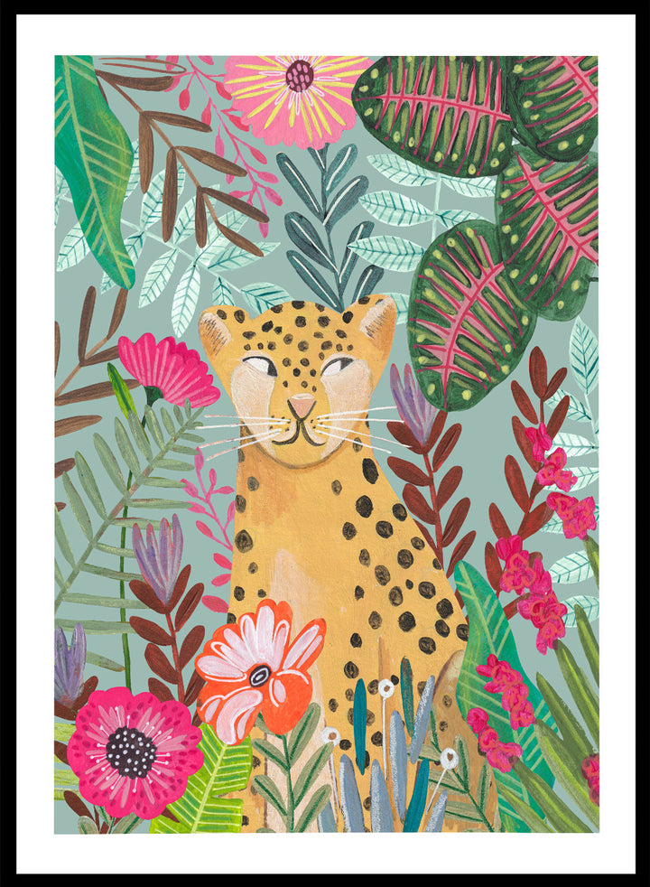 Illustration of a cheetah surrounded by colorful flowers and leaves on a light blue background. Happy Leopard Tropical Flowers by Caroline Bonne Müller is a fine art print and wall poster featuring a leopard with tropical flowers in a modern aesthetic style.