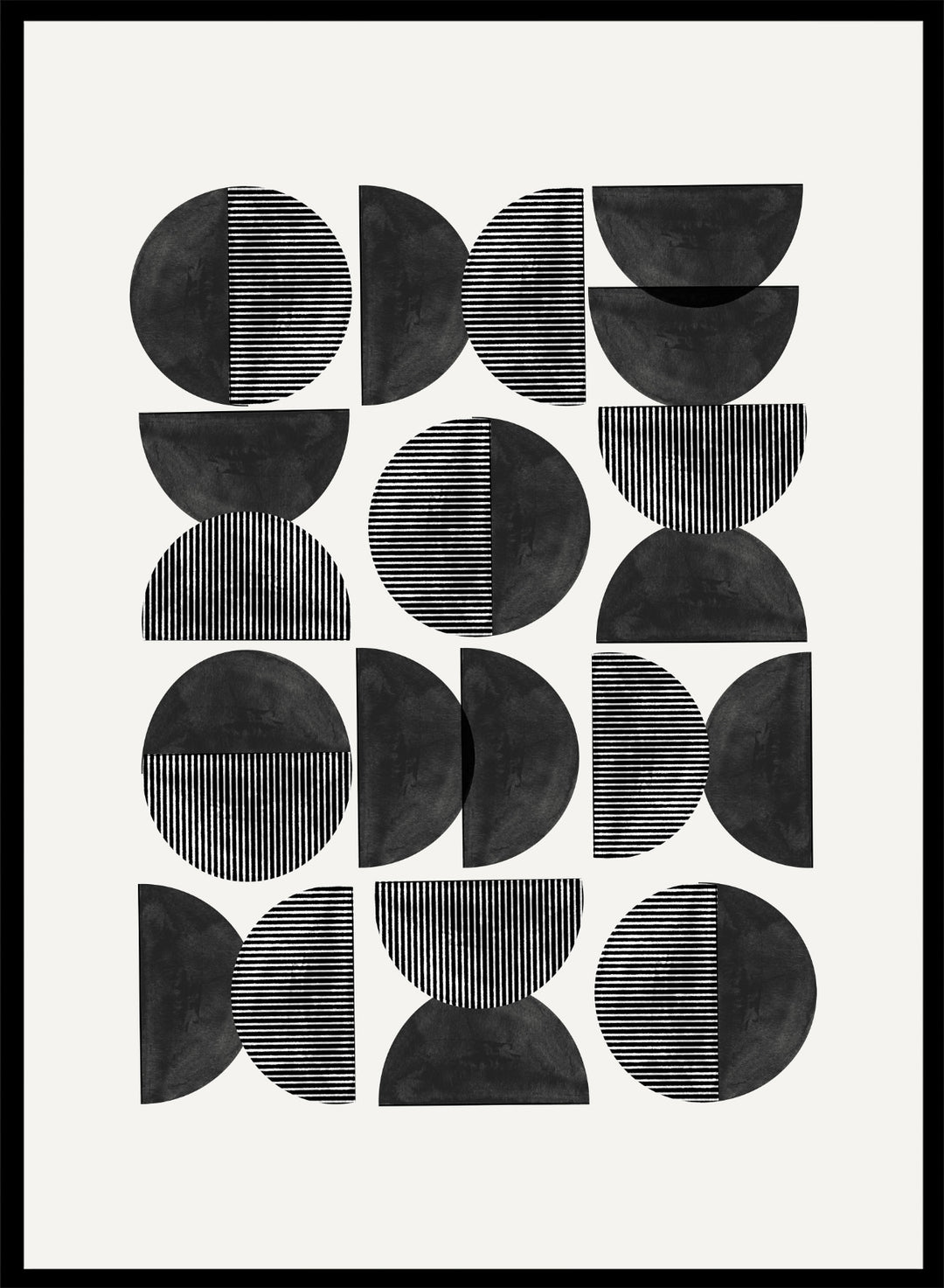 Geometric pattern of black semi-circles on a white background. Geometric Rhythm by The MIUUS Studio is a minimalist abstract art print and wall poster featuring repeating geometric shapes, black and white tones, and modern striped textures.