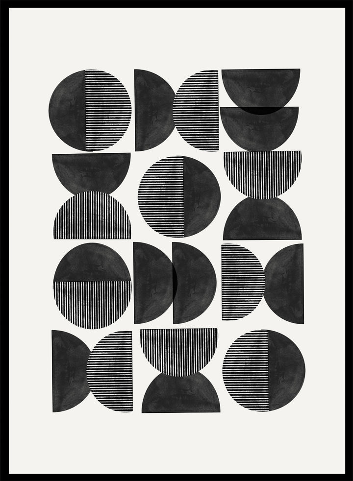 Geometric pattern of black semi-circles on a white background. Geometric Rhythm by The MIUUS Studio is a minimalist abstract art print and wall poster featuring repeating geometric shapes, black and white tones, and modern striped textures.