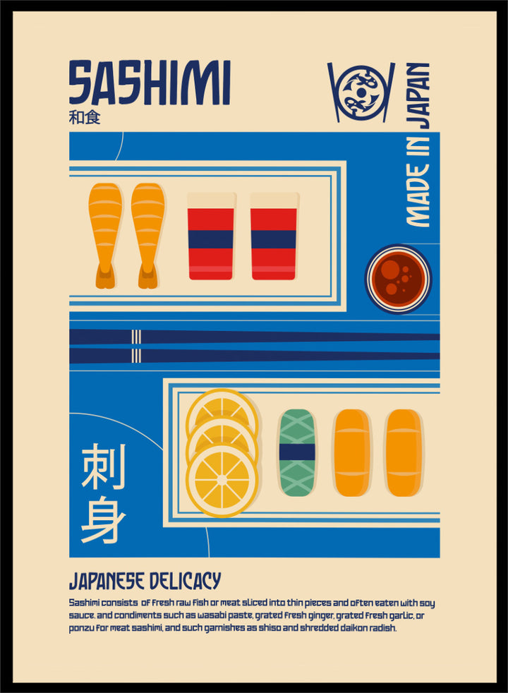 A stylized travel poster of Japanese Sashimi, featuring flat vector illustrations of raw fish, washi tape, soy sauce, and lemon slices on a beige background with blue and white graphic panels. Japanese Sashimi Delicacy by Retrodrome kitchen art print featuring sashimi, soy sauce, citrus, bold retro typography, and vintage Japanese-inspired design.