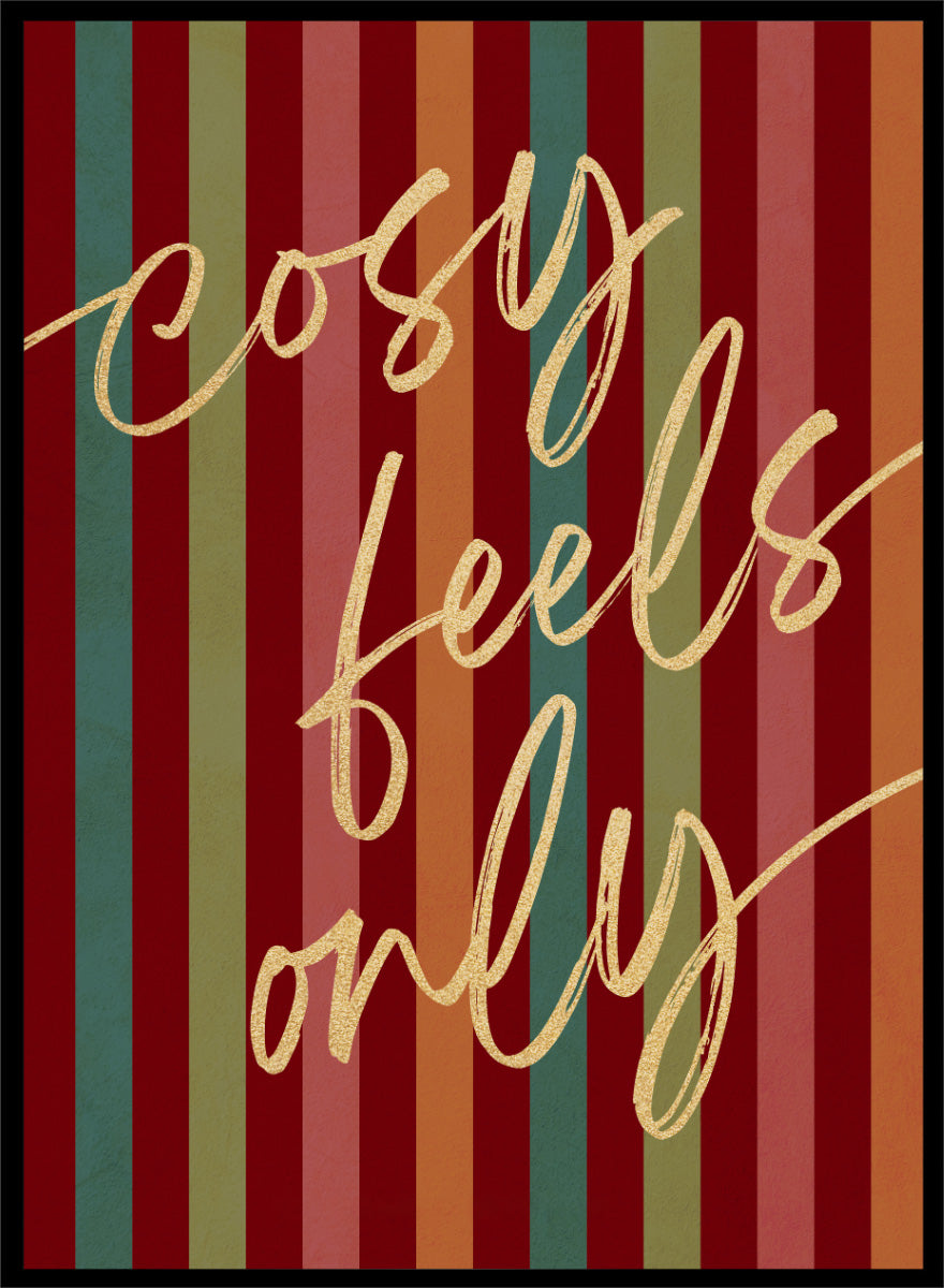 Shop Cosy Feels Christmas by Dominique Vari, a colorful holiday wall art print poster featuring retro stripes, gold lettering, and festive red and green tones.