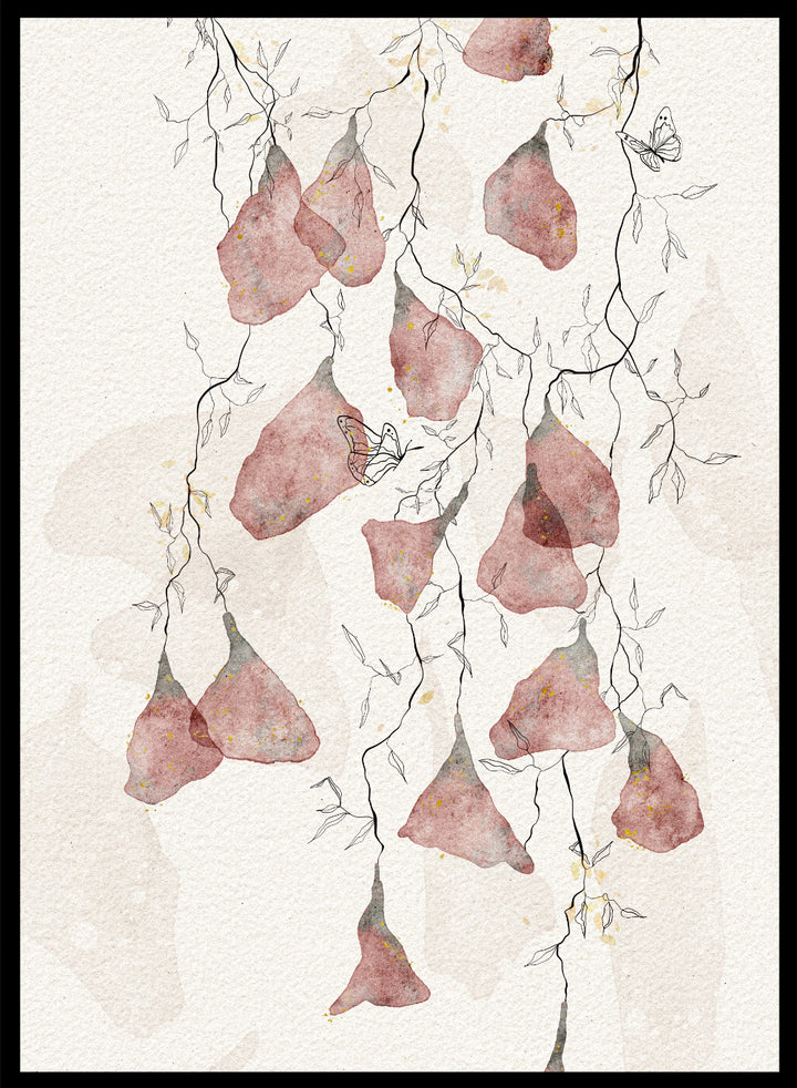 Artistic depiction of pink flowers and branches on a light background. Butterfly Kisses by Ankie Kooi features hanging watercolor flowers, delicate branches, and butterflies in soft neutral tones. Minimal botanical art print inspired by nature.
