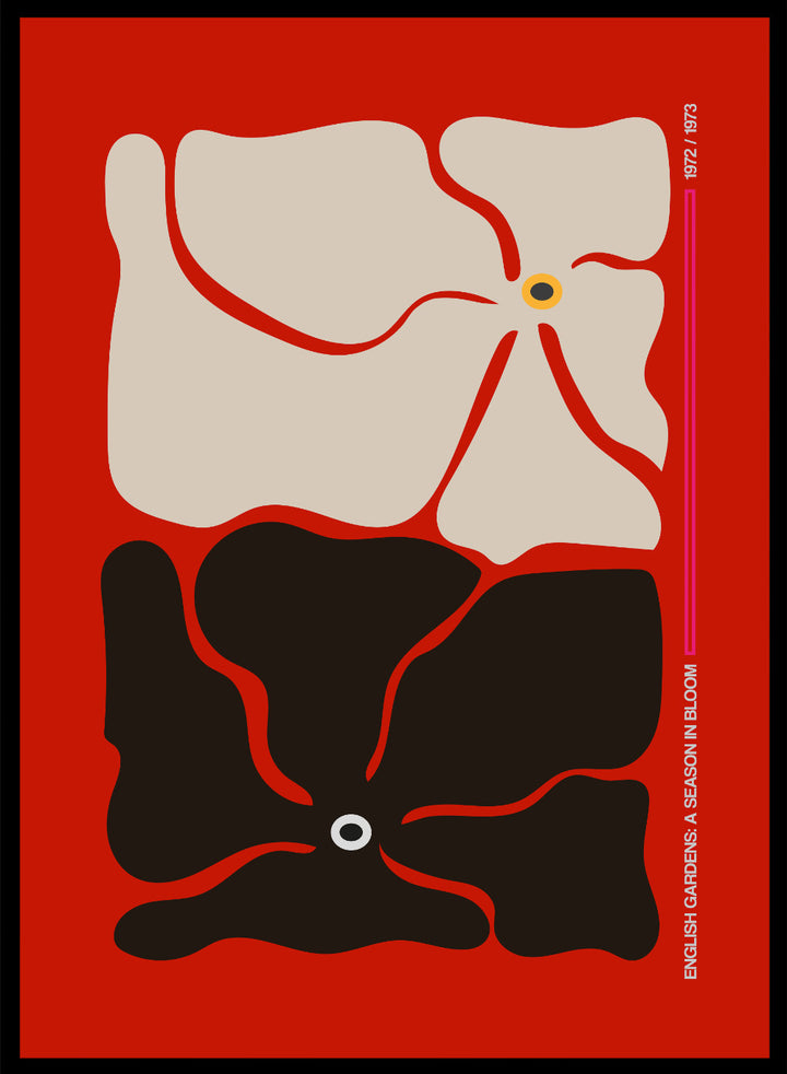 Abstract design with beige and black shapes on a red background. Two By Two Flower Red by Frances Collett is a modern abstract floral art print featuring two bold flowers in red, black, and cream tones. Officially licensed wall poster with optional framing.