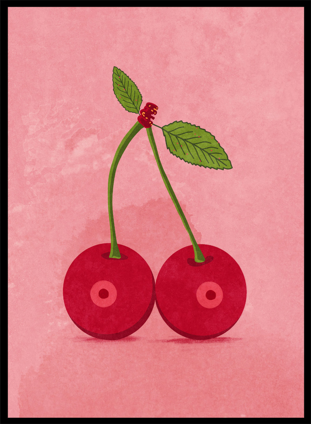 Illustration of two cherries on a pink background. Cherry Boobs by Raissa Oltmanns is a modern pop art fine art print featuring red cherries illustration and bold playful contemporary wall decor poster.