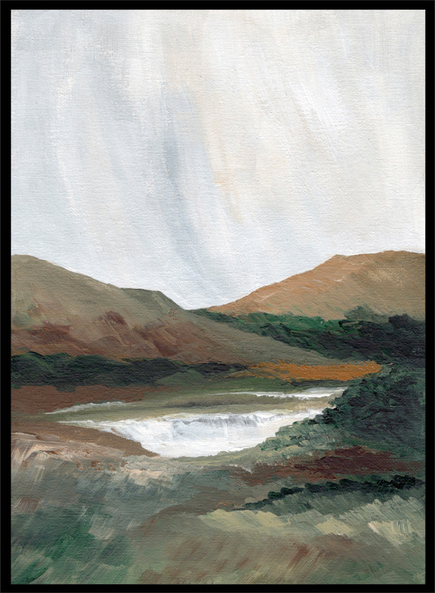 An impressionistic landscape painting of a river or waterfall flowing through a valley, with brown and green hills under a pale sky. Shop Serene Mountain Lake by Nikita Jariwala, a mountain landscape wall art print poster featuring a peaceful lake, wooded hills, and soft green tones.