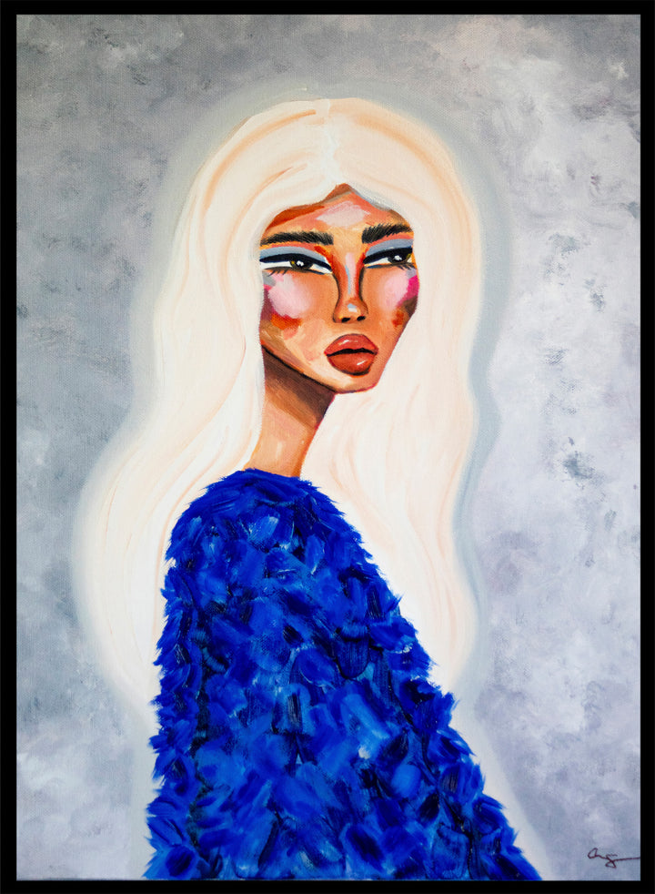 Artistic depiction of a woman with long blonde hair wearing a blue textured garment against a gray background. Elegant Blue Fashion by Amy Straley is a contemporary figurative art print featuring a feminine portrait, bold blue tones, and expressive modern artwork.