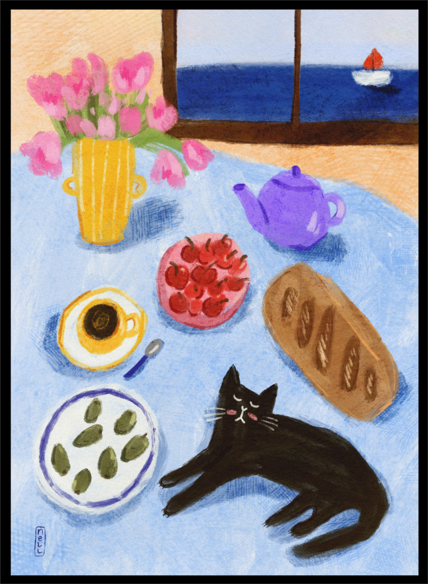 A colorful still life painting of a table scene with pink tulips in a yellow vase, a purple teapot, a bowl of strawberries, a cup of coffee, a loaf of bread, a black cat, and a window view of the sea with a small sailboat. Shop Relaxing Seaside Cat Breakfast by Dirkie Nell, a playful cat and food art print featuring breakfast, flowers, a sailboat, and a seaside view.