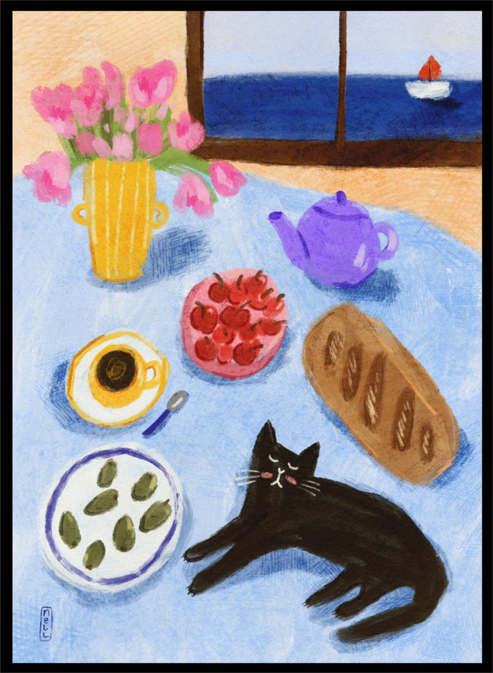 A colorful still life painting of a table scene with pink tulips in a yellow vase, a purple teapot, a bowl of strawberries, a cup of coffee, a loaf of bread, a black cat, and a window view of the sea with a small sailboat. Shop Relaxing Seaside Cat Breakfast by Dirkie Nell, a playful cat and food art print featuring breakfast, flowers, a sailboat, and a seaside view.