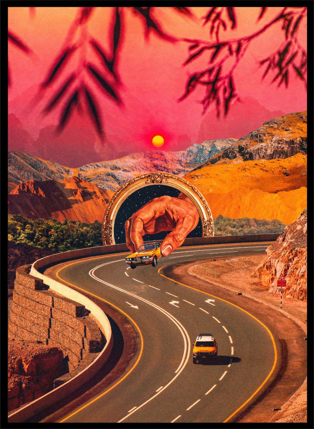Winding road with a large hand-like structure in a desert landscape during sunset. Play Time by Taudalpoi surreal retro road trip art print with giant hand, desert highway and vintage car collage, cosmic inspired poster wall art.