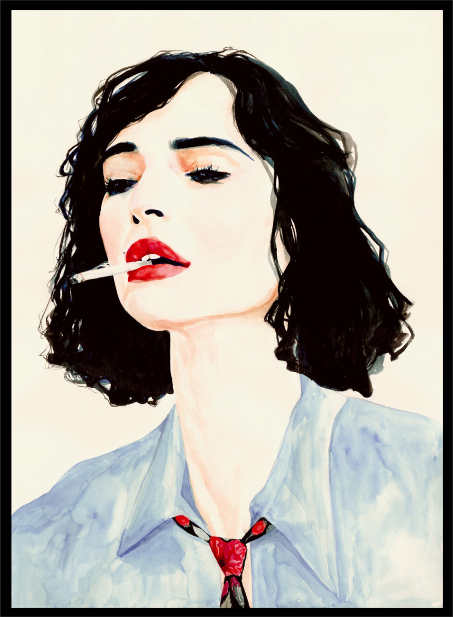 Shop Chic Woman with Cigarette by Sophia Novosel, a modern female portrait wall art print poster featuring dark hair, red lips, a blue shirt, and bold fashion styling.