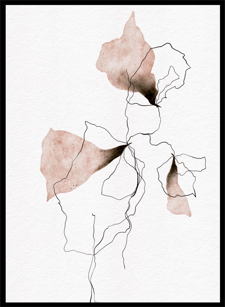 Shop Delicate Blush Botanicals by Ankie Kooi, a modern floral wall art print poster with abstract watercolor flowers, botanical line art, pink, cream, and black.