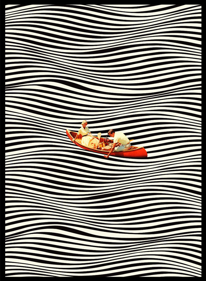 Two people in a red boat on a background of black and white wavy lines. The Real Boat Trip by Taudalpoi features a surreal boat illustration floating on black and white wavy lines. Retro collage art print with optical illusion design and optional framing.
