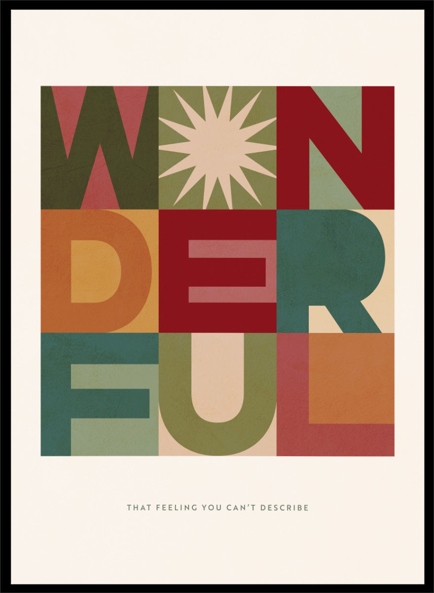 Shop Wonderful Typographic Grid by Dominique Vari, a retro typography wall art print poster featuring bold geometric letters in red, teal, olive, pink, and ochre.
