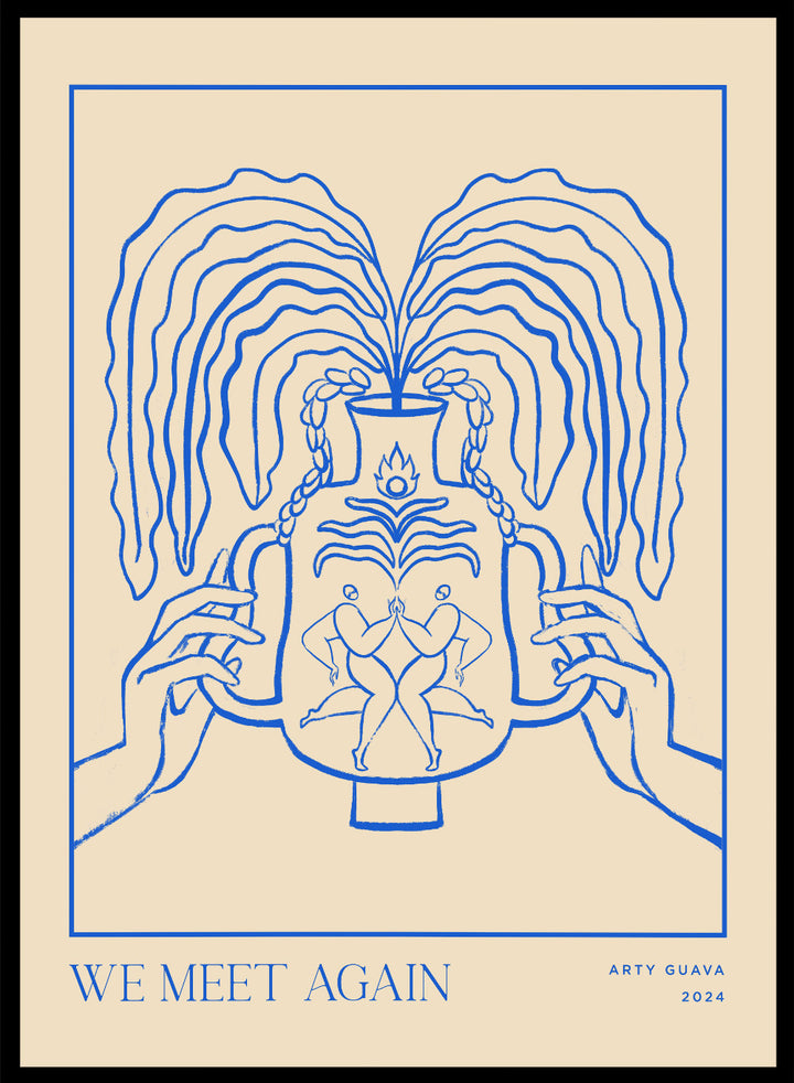 Artistic depiction of hands holding a vase with flowing hair, titled 'We Meet Again' by Arty Guava. Vessel Collection: We Meet Again by Arty Guava art print, modern line wall poster with a decorative vase design, contemporary minimalist artwork.