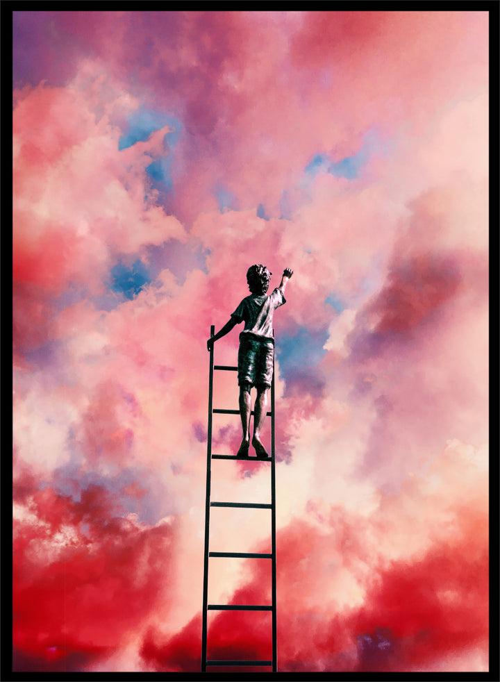 Person standing on a ladder against a colorful cloud sky. Cloud Painter by Taudalpoi surreal ladder to sky art print with pink clouds and dreamlike cosmic atmosphere, retro inspired collage poster wall art.