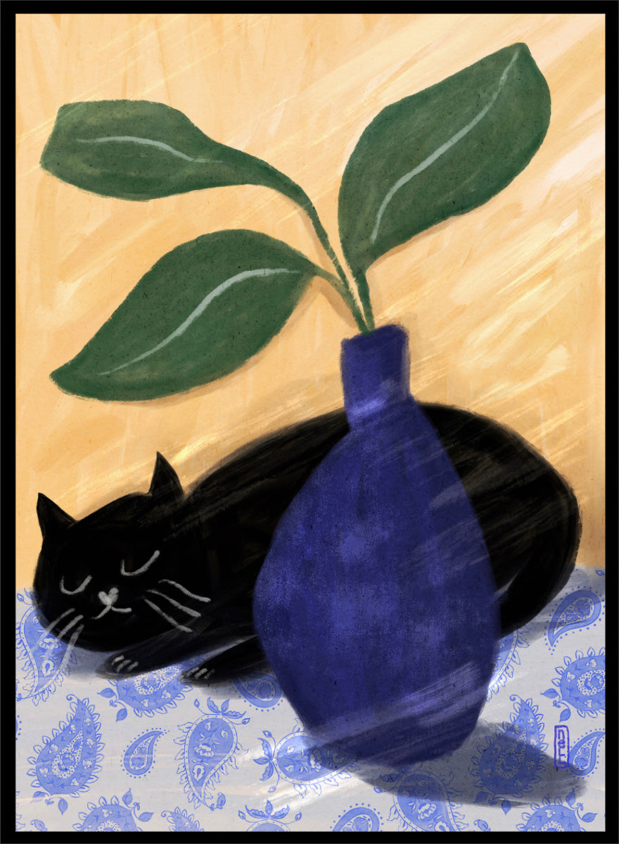 A stylized still life painting featuring a black cat lying on a blue-and-white patterned surface beside a dark blue vase with green leaves, against a warm beige background. Shop the Sleeping Black Cat art print by Dirkie Nell, featuring a curled black cat, bold cobalt blue vase, green leaves and playful patterned details.