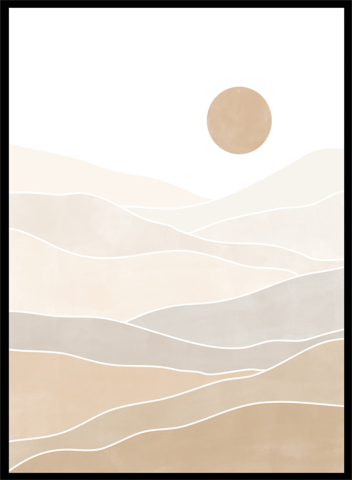 Shop Layered Desert Sun by Elena Ristova, a modern desert wall art print poster featuring soft layered dunes, pale neutral tones, and a muted sun.