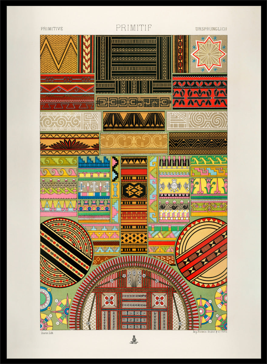 Primitive Pattern by Albert Racinet vintage art print featuring colorful geometric, floral and decorative motifs from the 1888 edition of L’Ornement Polychrome.