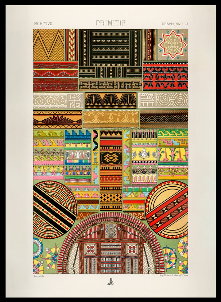 Primitive Pattern by Albert Racinet vintage art print featuring colorful geometric, floral and decorative motifs from the 1888 edition of L’Ornement Polychrome.
