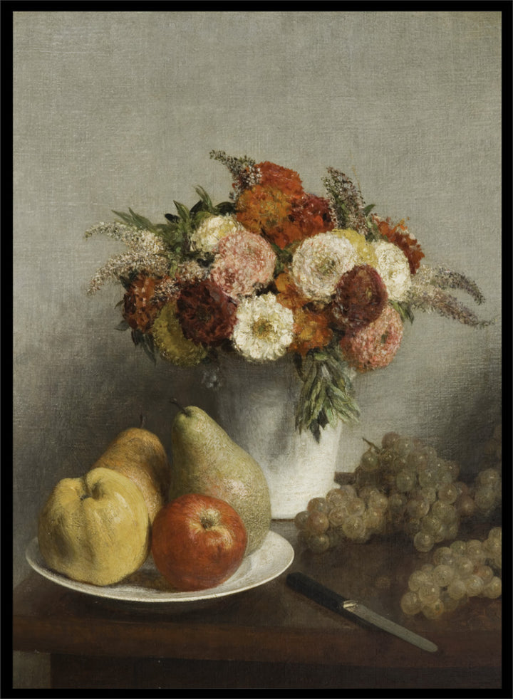 Shop Flowers and Fruit by Henri Fantin-Latour, a vintage still life wall art print poster featuring flowers, pears, apples, and grapes in warm brown tones.
