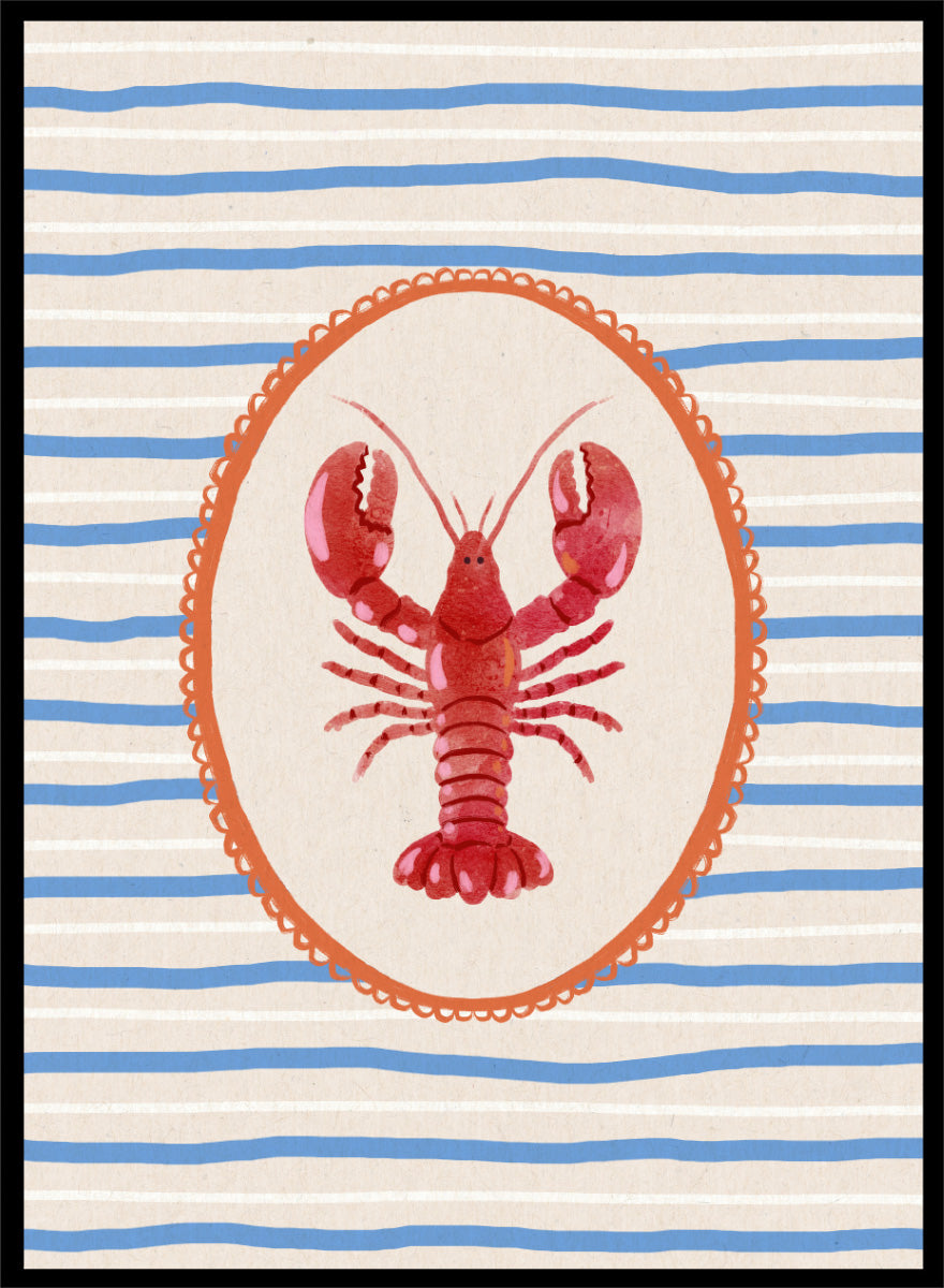 Red Lobster Stripes by Katarzyna Gąsiorowska coastal kitchen art print featuring a red lobster, blue stripes, and vintage Mediterranean-inspired details.