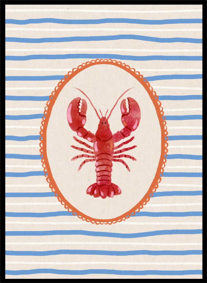 Red Lobster Stripes by Katarzyna Gąsiorowska coastal kitchen art print featuring a red lobster, blue stripes, and vintage Mediterranean-inspired details.