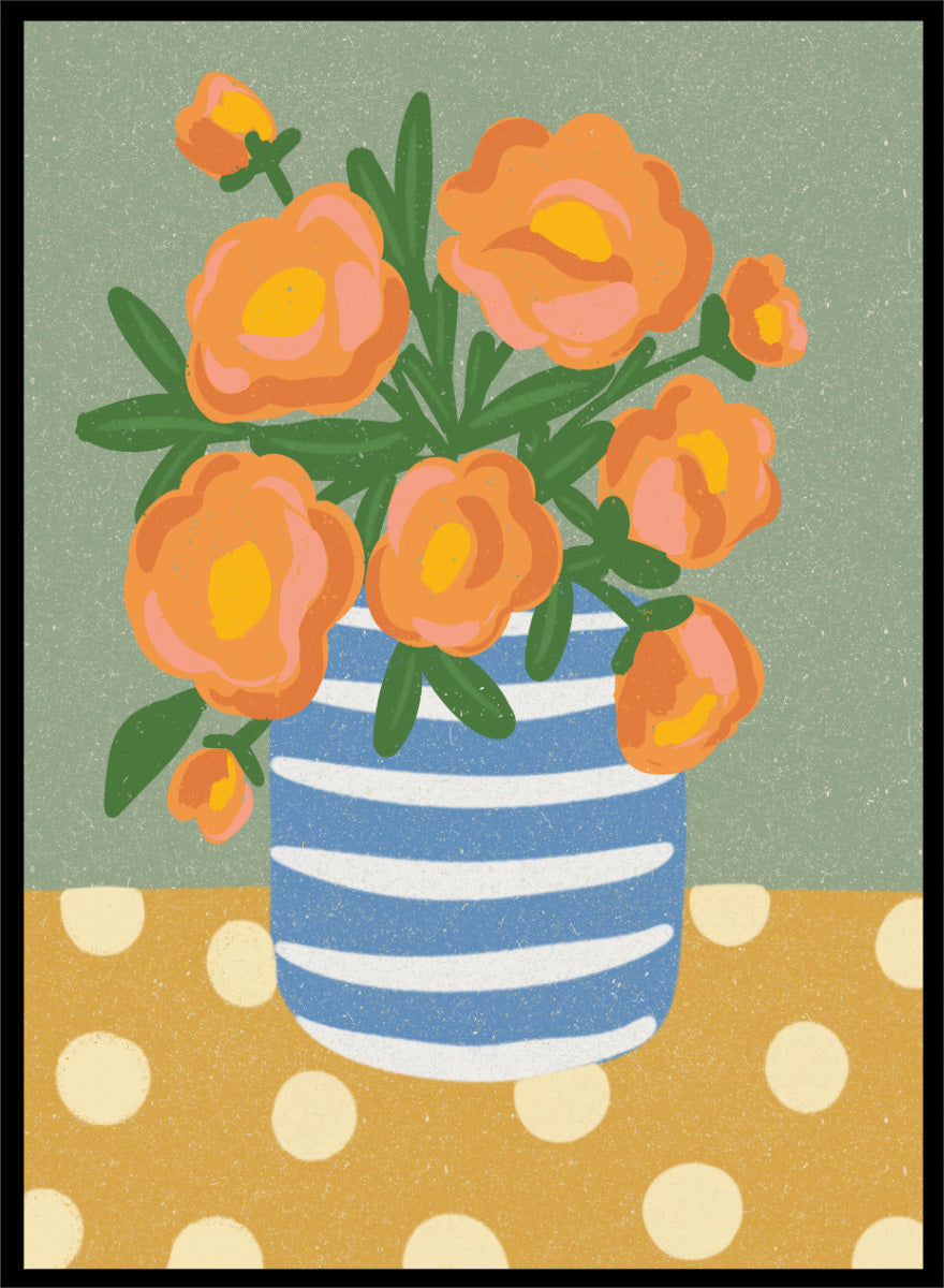 Shop Orange Floral Still Life by Nikita Jariwala, a floral wall art print poster featuring orange flowers in a blue striped vase with playful botanical details.