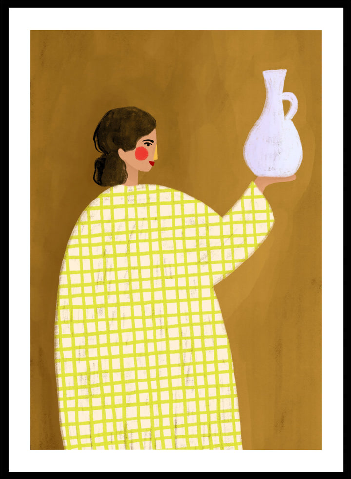A framed art print featuring a stylized illustration of a woman in a yellow and white checkered dress holding a white jug against a warm brown background. Woman Holding Pottery by Bea Müller art print featuring a woman with a white ceramic jug, bold green checks, and warm mustard tones for modern decor.