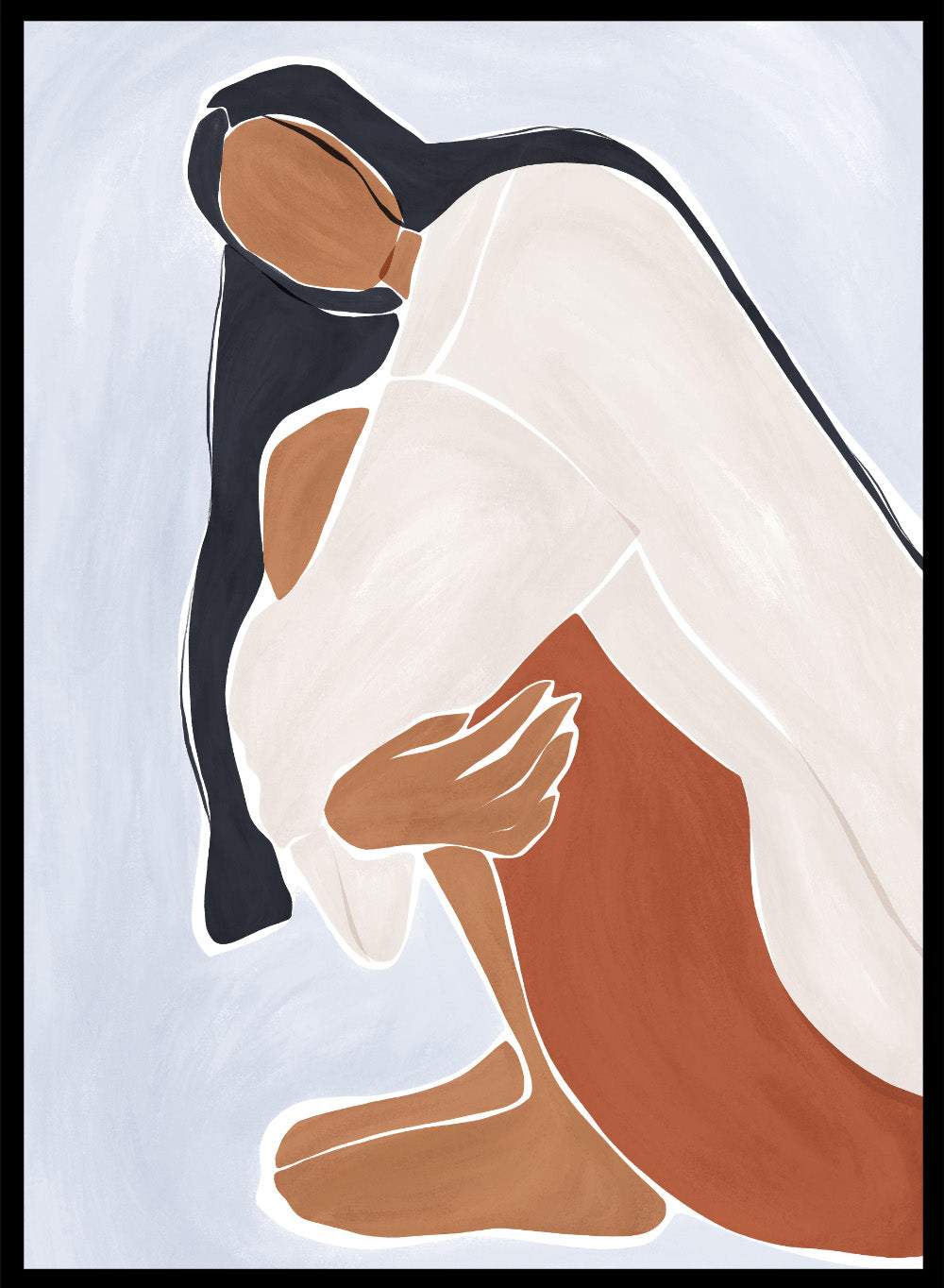 Woman Embracing Herself by Ivy Green is a modern illustration art print celebrating self love and calm emotion. Premium fine art print with optional wood framing.