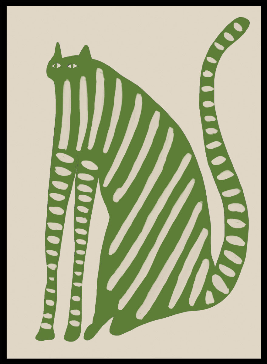 A stylized green cat illustration with vertical cream stripes and dotted details on a beige background. Playful Green Striped Cat by The Art Concept cat art print featuring an elongated green cat with cream stripes, long legs, and an oversized curved tail.