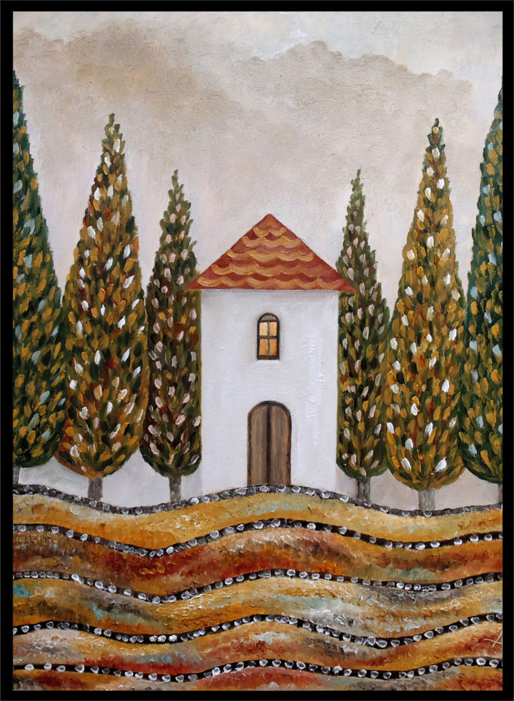 A stylized landscape painting of a small white house with a red-orange tiled roof, surrounded by tall green and gold trees, with wavy golden fields in the foreground. Shop Tuscan Cypress House by Angeles M. Pomata, an autumn landscape art print featuring a white country house, tall cypress trees, terracotta roof, and warm earthy tones.