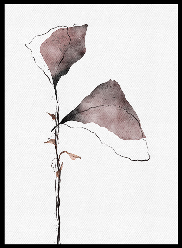 Abstract watercolor floral art print featuring two muted mauve-brown flower shapes on a thin black stem against a white textured background. Shop Muted Botanical Abstraction by Ankie Kooi, an abstract botanical wall art print poster with watercolor leaves, minimalist line art, purple, brown, and cream.