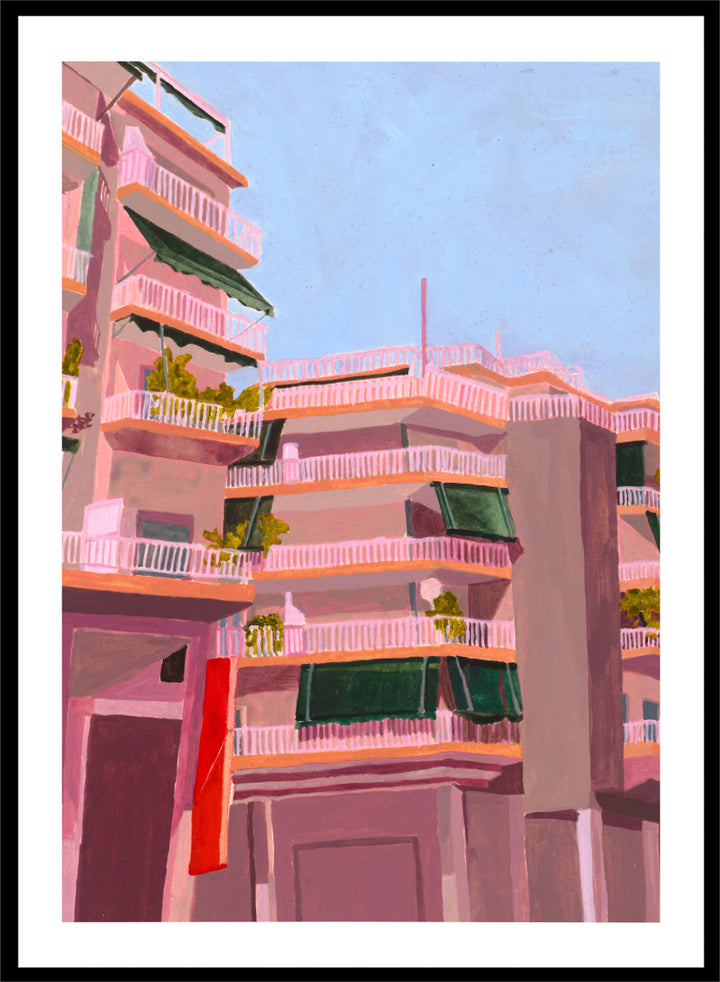 Shop Pink City Balconies by Sophia Novosel, a colorful city wall art print poster featuring pink apartment buildings, green awnings, balconies, and blue sky.
