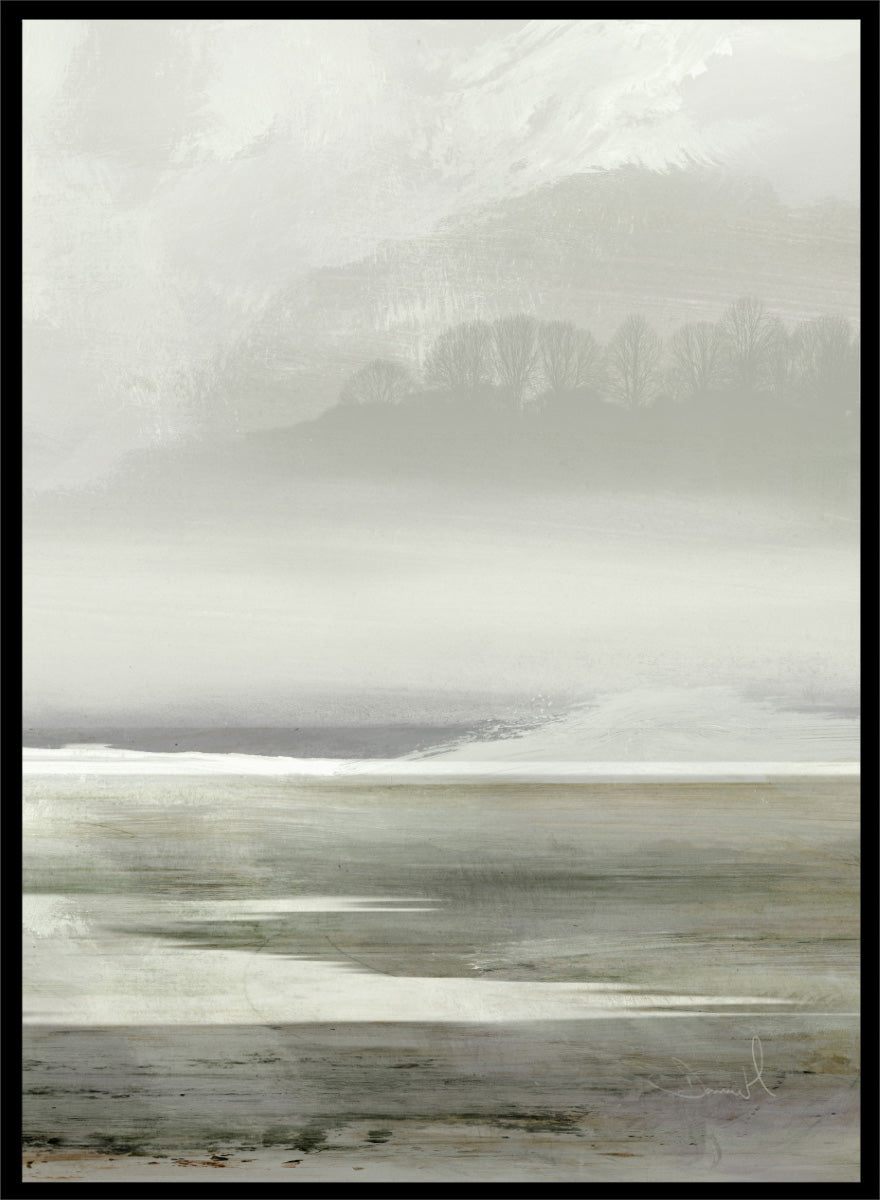Shop Lakes No. 2 by Dan Hobday, a soft landscape art print featuring misty water, distant hills, bare trees, muted green tones, and layered texture.
