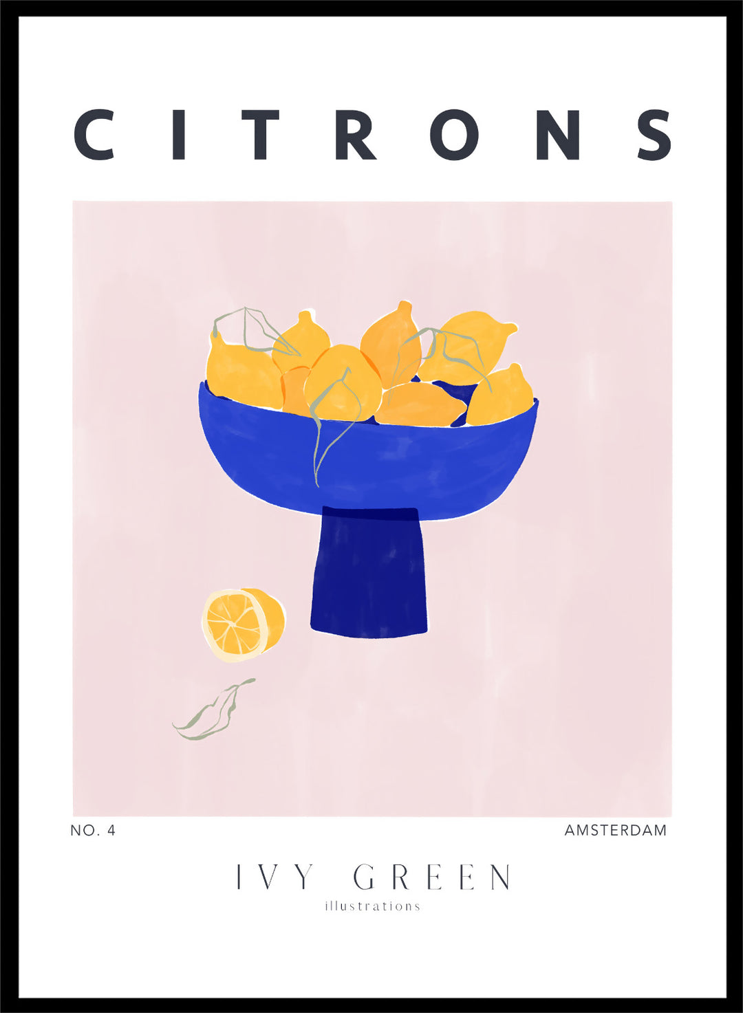 Illustration of lemons in a blue bowl on a pink background with 'Citrons' text and 'Ivy Green' branding. Citrons by Ivy Green lemon art print featuring bowl of lemons illustration, modern fruit poster design, and colorful contemporary kitchen wall art.