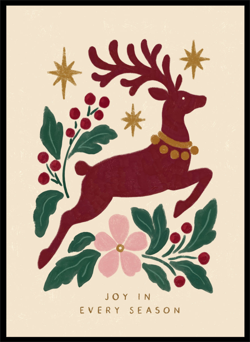 Shop Jumping Reindeer Joy by Katarzyna Gąsiorowska, a Christmas wall art print poster featuring a leaping reindeer, berries, greenery, stars, and festive holiday charm.