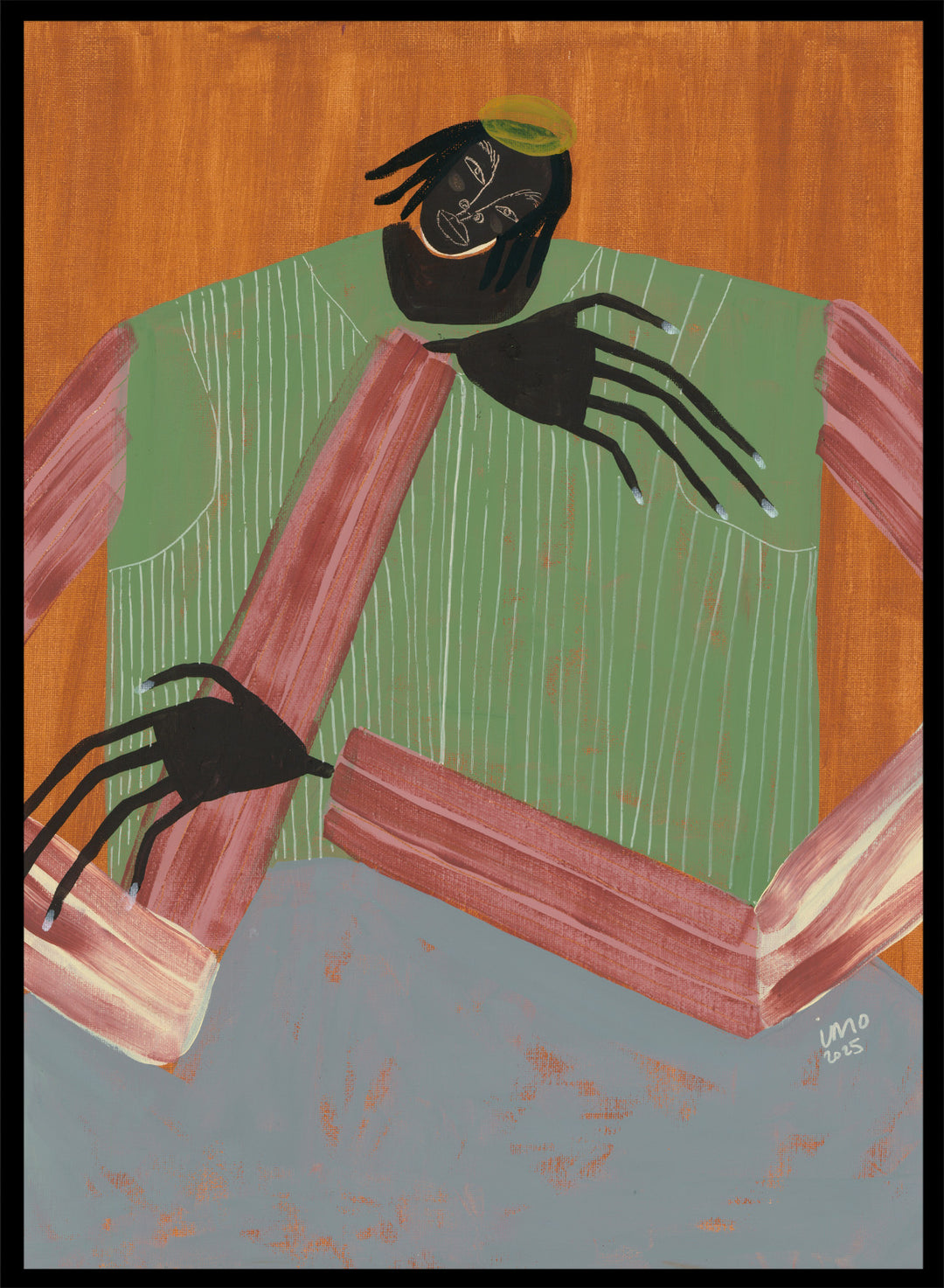 Artistic depiction of a person with spider-like hands and feet against a wooden background. No Place to Be by Studio IMO (Ibi Meier-Oruitemeka) is a modern figurative art print with a seated figure, bold color, and contemporary portrait wall poster design.