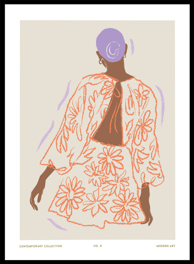 Woman in Orange Floral Dress Wall Art Print | Hand Drawn Contemporary Fashion Illustration, Modern Aesthetic Girl Bold Abstract Poster
