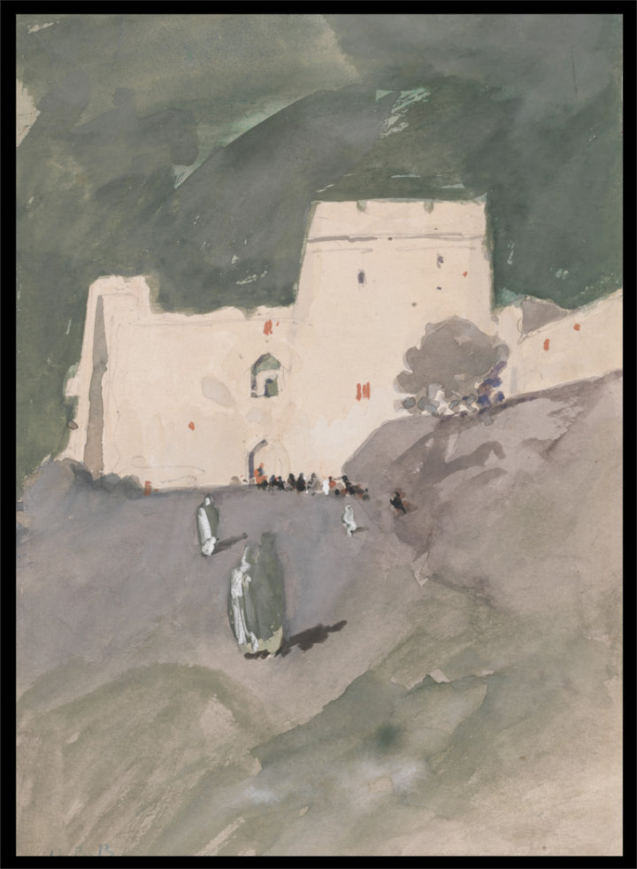 A watercolor painting of a white stone fortress or castle on a hillside, with dark green mountains in the background and small figures near the entrance. A Moorish Citadel by Hercules Brabazon Brabazon is a vintage watercolor art print featuring a pale fortress, figures, rocky ground, and dark green hills.