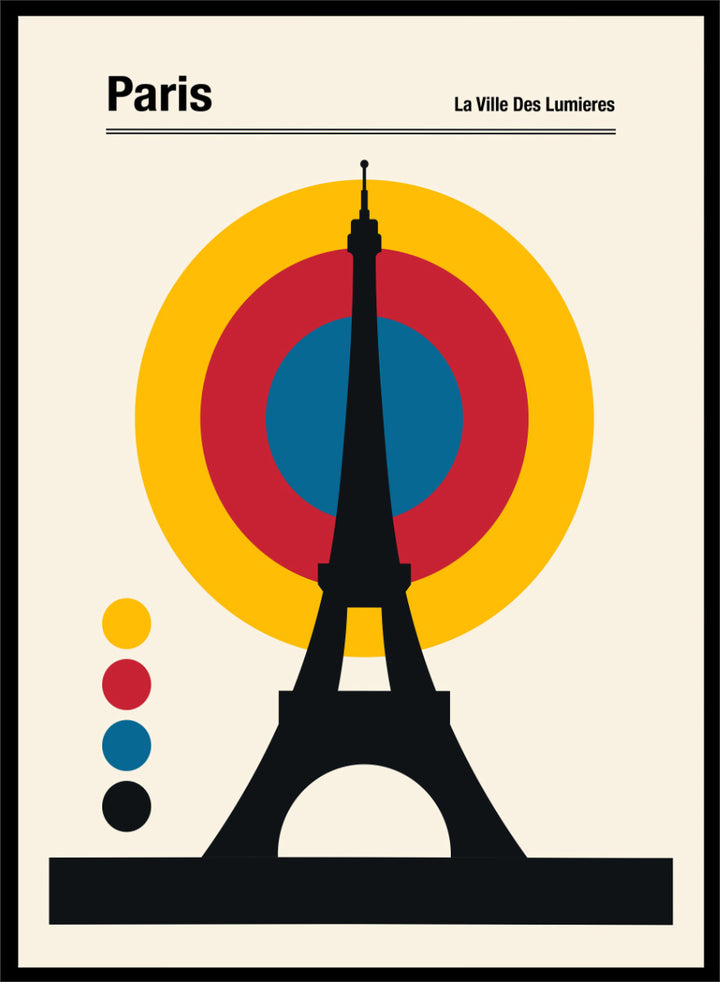 A minimalist Paris poster featuring a black Eiffel Tower silhouette in front of concentric yellow, red, and blue circles on a cream background, with the text &
