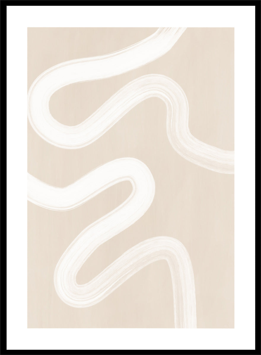 Shop Wavy Abstract Lines by Elena Ristova, a neutral abstract wall art print poster with flowing white brushstrokes on a beige background.