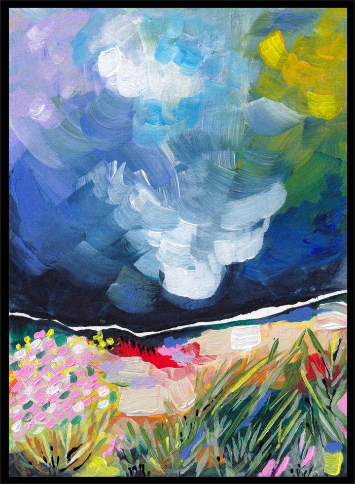 An expressive landscape painting featuring a dark blue stormy sky with swirling brushstrokes and a foreground of green grasses, pink flowers, and yellow-green foliage. Shop Vibrant Abstract Field Sky by Dirkie Nell, a colorful abstract landscape art print featuring wildflowers, open fields, and a dramatic blue sky.