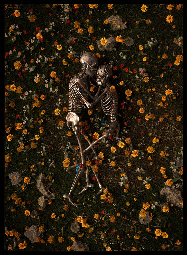 Skeletons In Love by Nicebleed is a surreal skeleton couple art print featuring intertwined skeletons in a floral field, modern aesthetic wall poster.