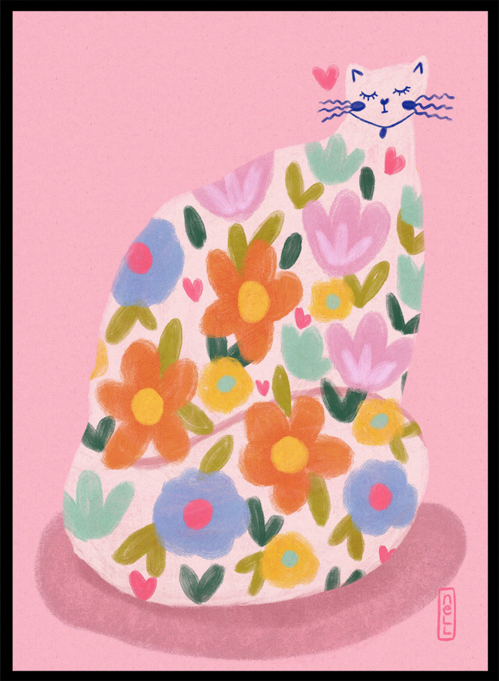 Whimsical Flower Cat by Dirkie Nell is a colorful cat art print featuring playful floral patterns, pastel tones, and modern hand painted aesthetic wall art.