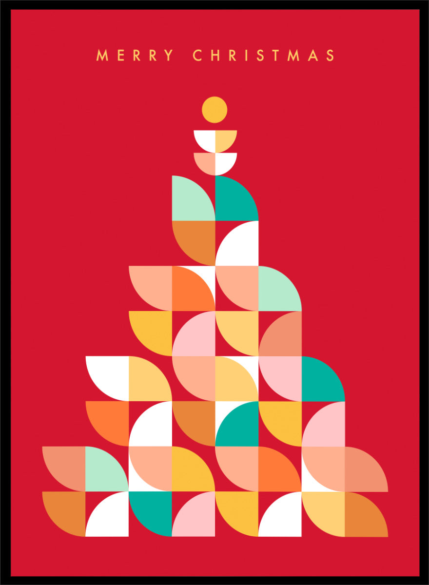 Shop Geometric Christmas Tree by Dominique Vari, a colorful Christmas wall art print poster featuring a retro geometric tree in red, pink, orange, teal, and yellow.