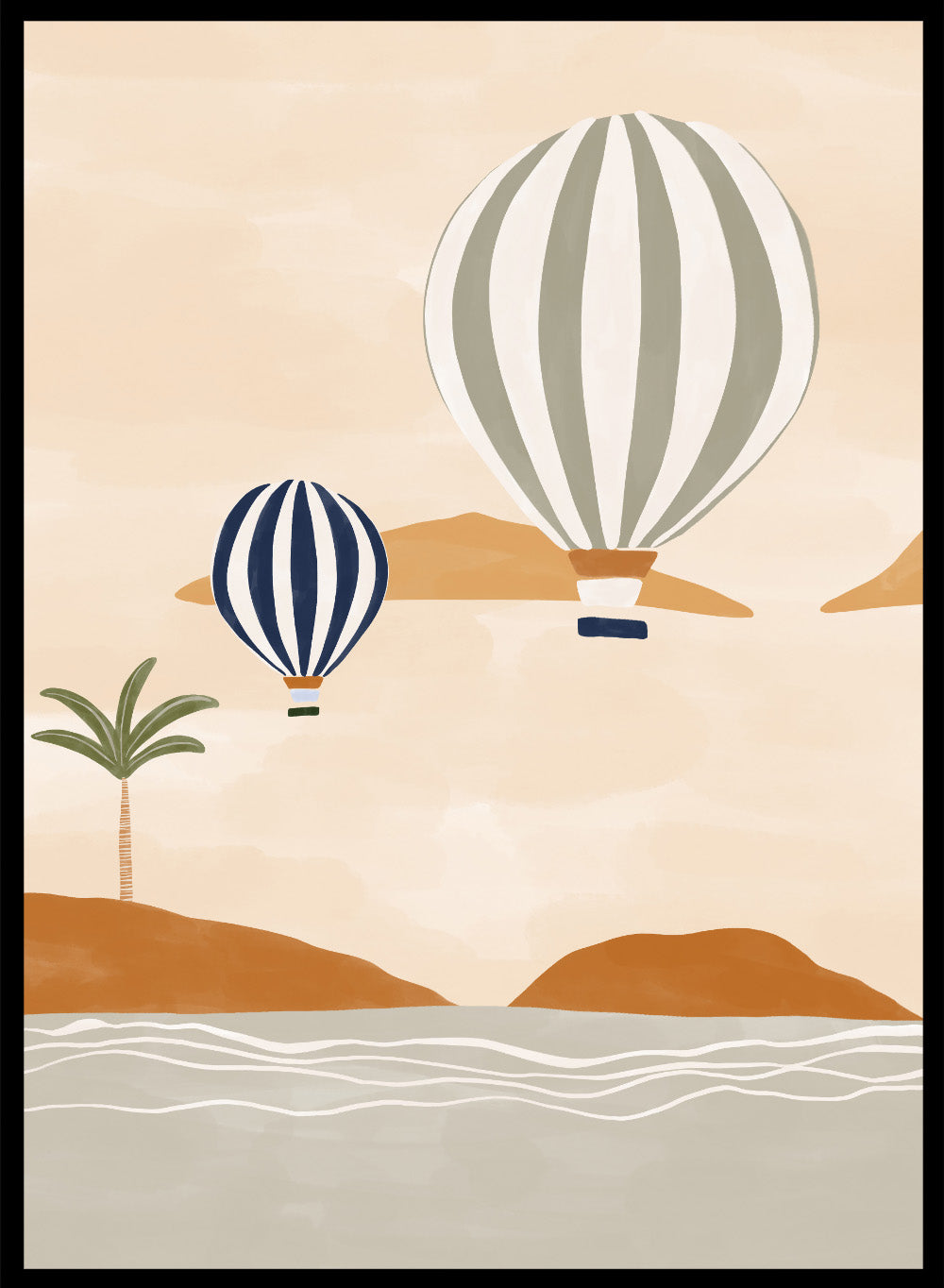 Air Balloons in Desert by Ivy Green is a modern landscape art print featuring hot air balloons over a calm desert scene. Premium fine art print with optional wood framing.
