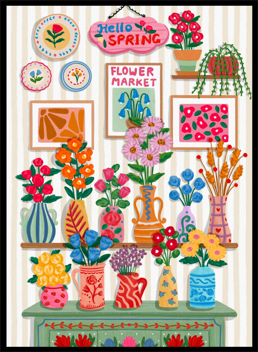 A colorful spring-themed floral wall display illustration featuring vases, framed art, hanging plants, and a sign reading 'Hello SPRING' and 'FLOWER MARKET' against a striped wall. Shop Hello Spring Flowers by Nidhi Kachhadiya, a colorful spring floral wall art print featuring bright flowers, decorative vases, and cheerful botanical details.