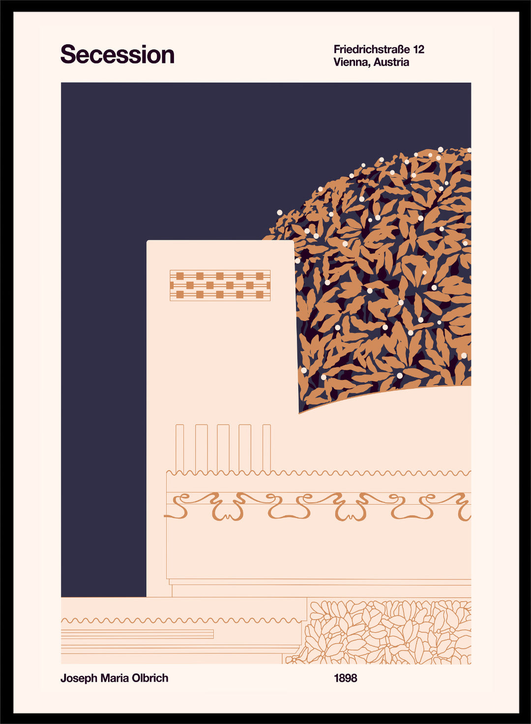 Poster design with geometric patterns and text on a dark blue and beige background. Vienna Secession Building by Florent Bodart is a modern architectural art print inspired by Vienna Secession design, a minimalist wall poster with geometric detail and warm tones.